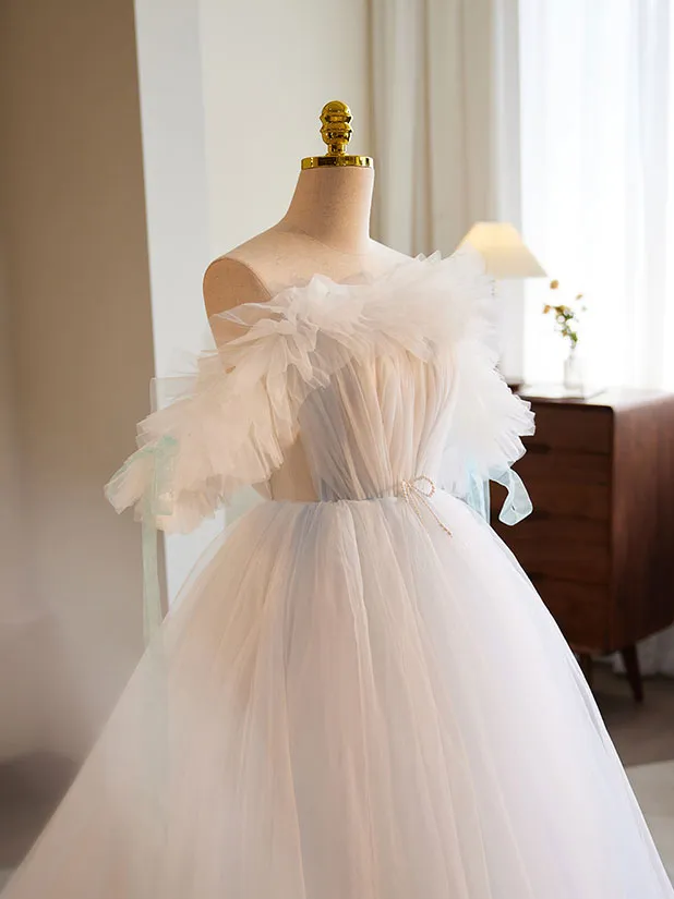 White A-Line Tulle Long Prom Dress White Formal Dress