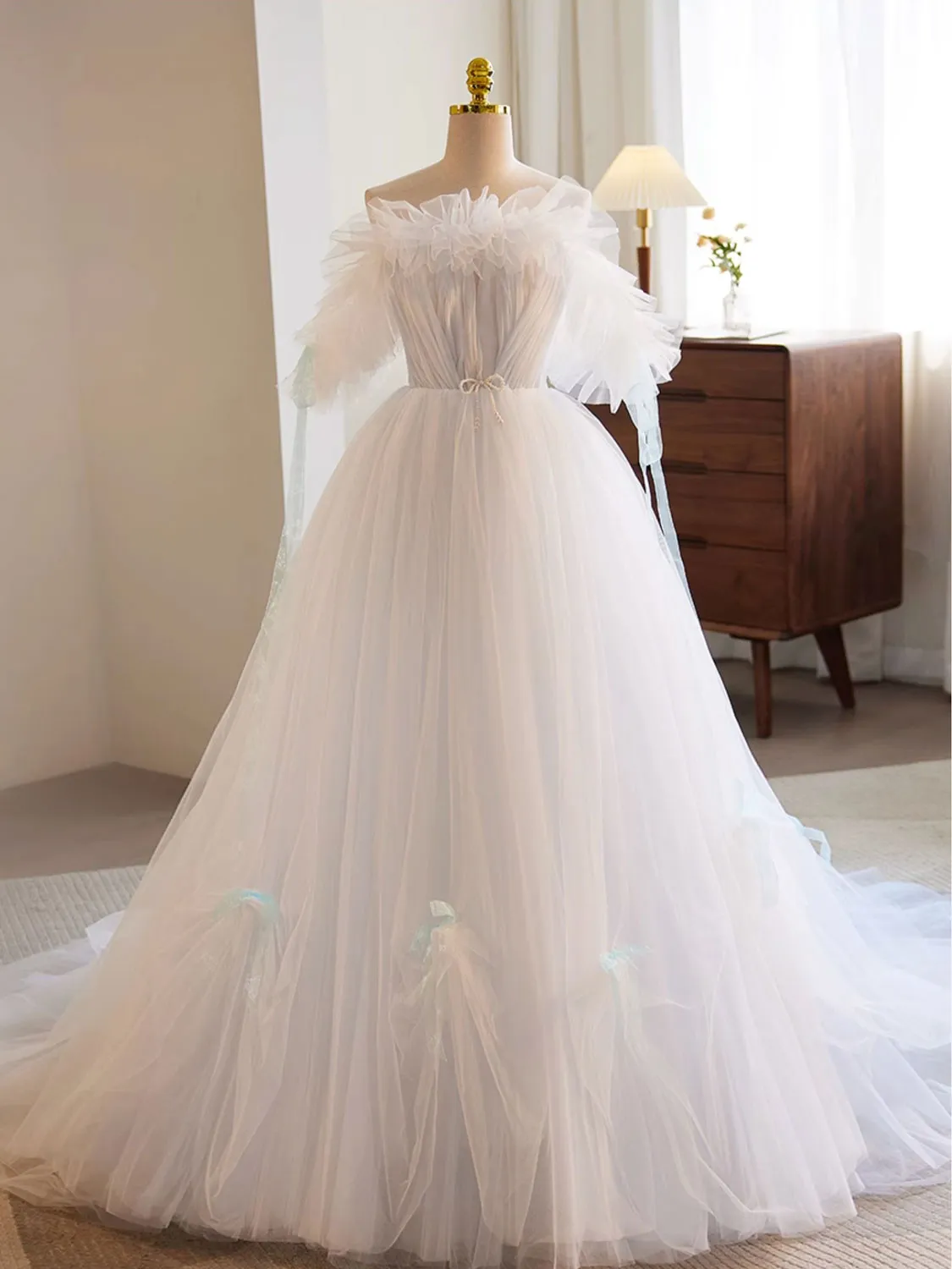 White A-Line Tulle Long Prom Dress White Formal Dress
