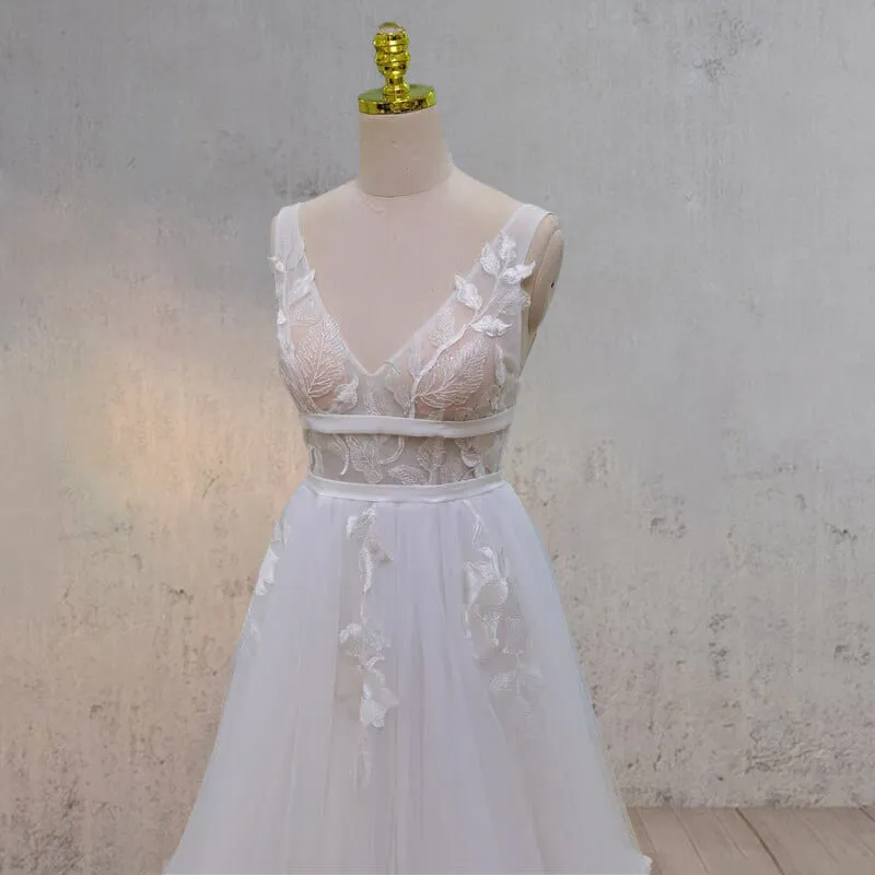 White A-Line V Back Lace Wedding Dress with Train