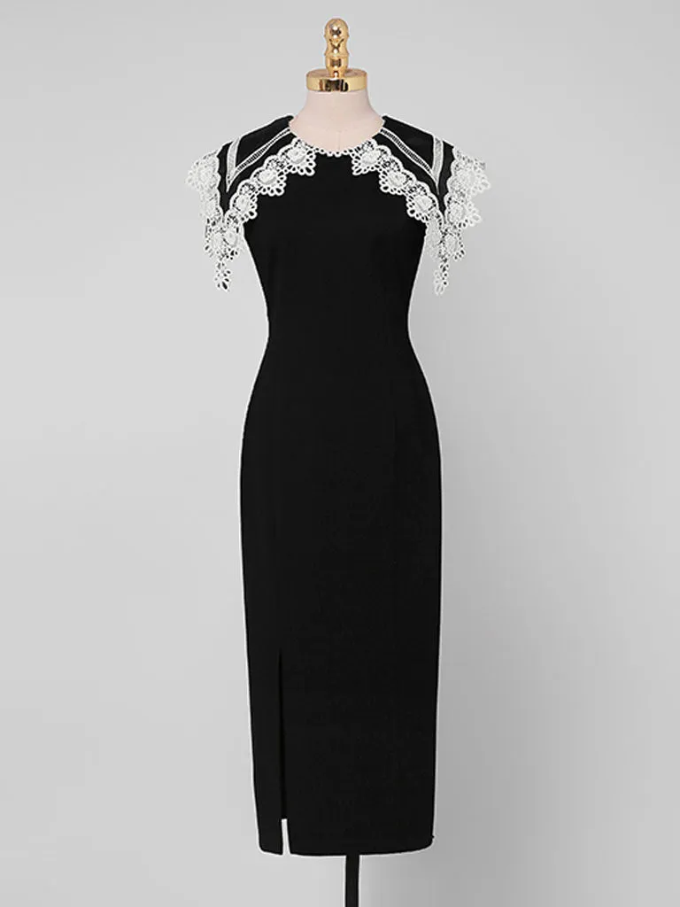 White Big Sweet Lace Collar Sleeveless Bodycon 1960S Black Slit Dress