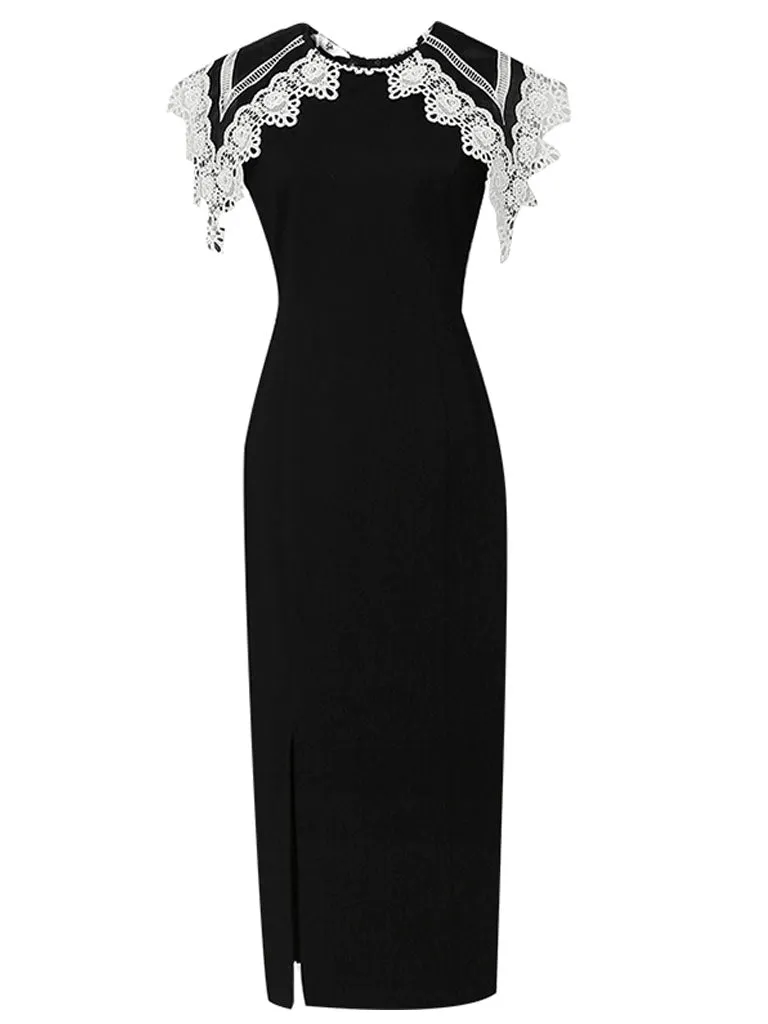 White Big Sweet Lace Collar Sleeveless Bodycon 1960S Black Slit Dress