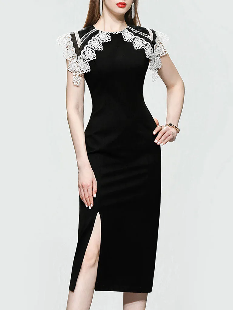 White Big Sweet Lace Collar Sleeveless Bodycon 1960S Black Slit Dress