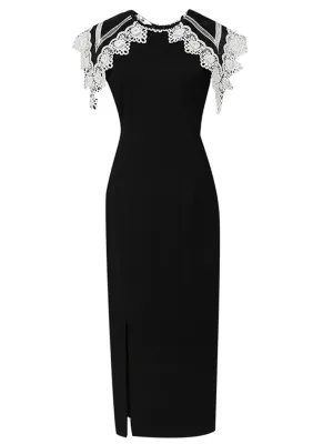 White Big Sweet Lace Collar Sleeveless Bodycon 1960S Black Slit Dress