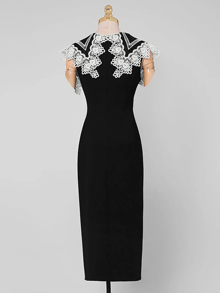 White Big Sweet Lace Collar Sleeveless Bodycon 1960S Black Slit Dress