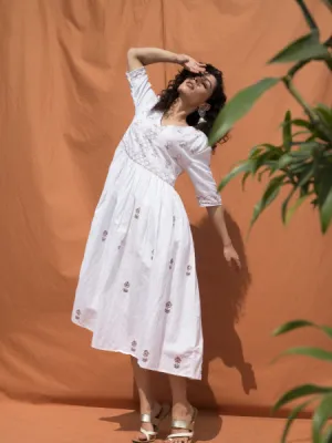 White Block Printed Knee Length Dress with V Neckline