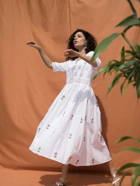 White Block Printed Knee Length Dress with V Neckline