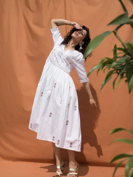 White Block Printed Knee Length Dress with V Neckline