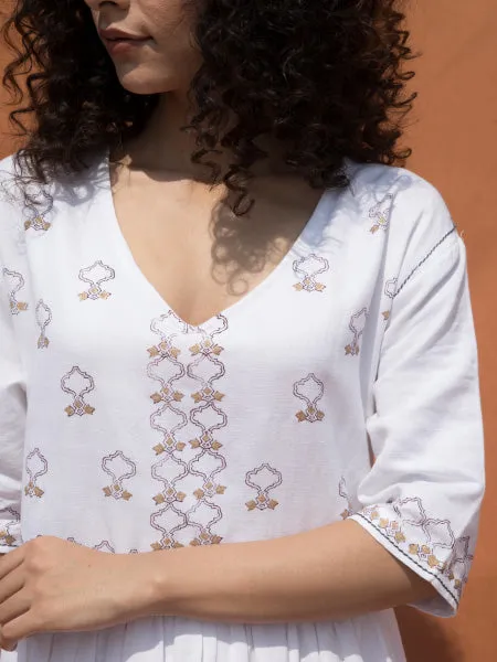 White Block Printed Knee Length Dress with V Neckline