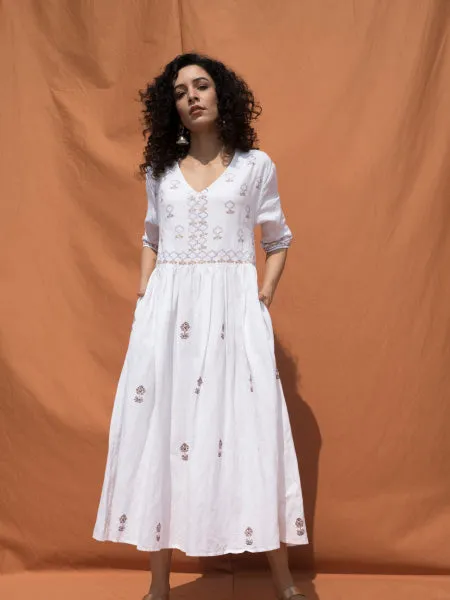 White Block Printed Knee Length Dress with V Neckline