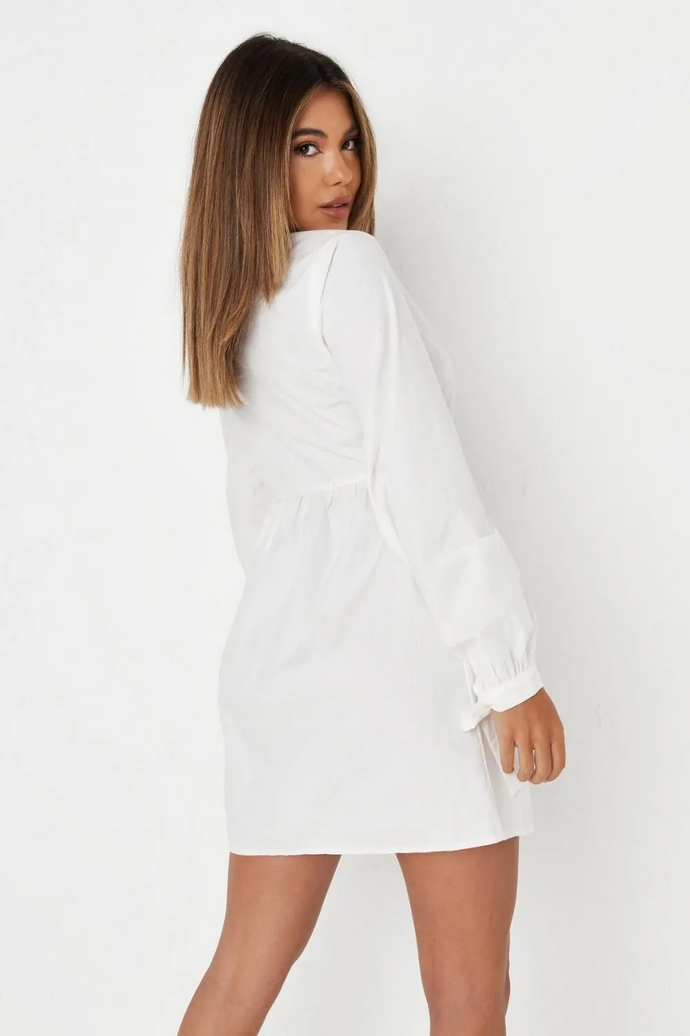 White Collar Full Sleeves Mini Dress