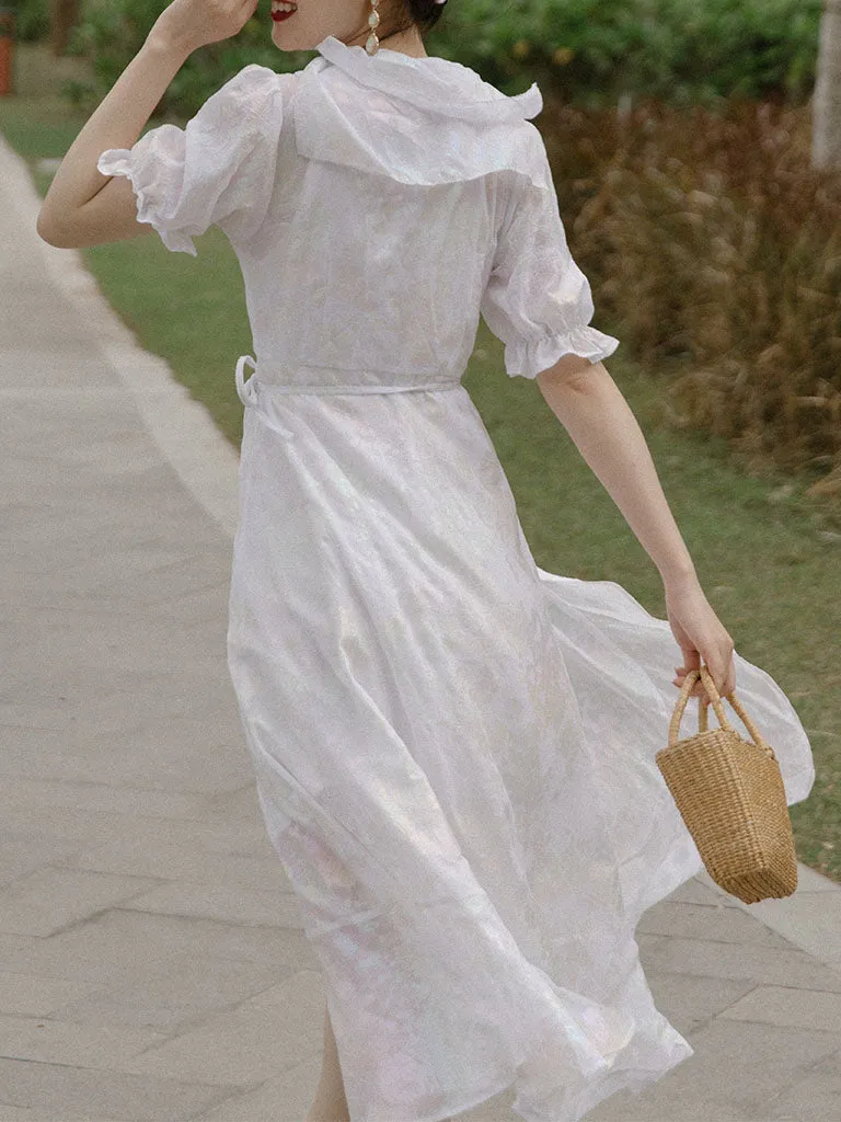 White Double Neck Puff Sleeve Wrap Dress