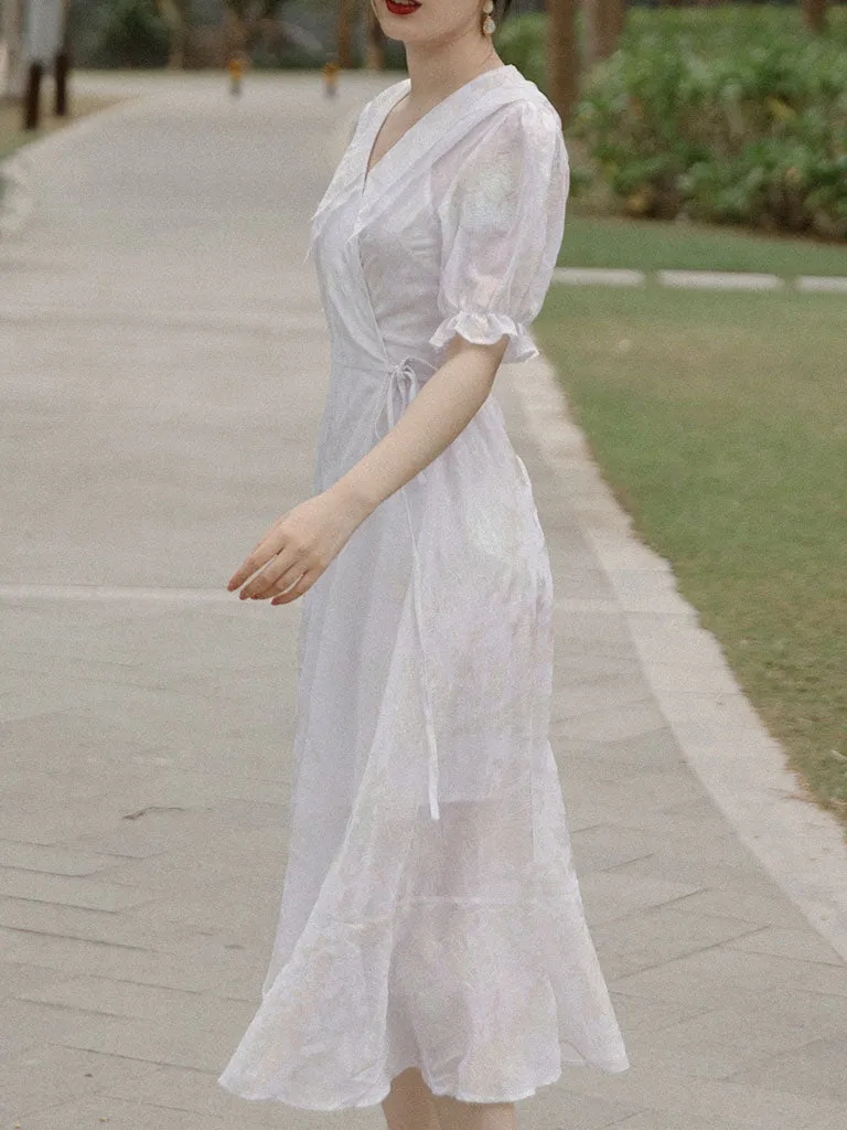 White Double Neck Puff Sleeve Wrap Dress