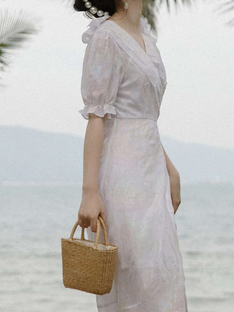 White Double Neck Puff Sleeve Wrap Dress