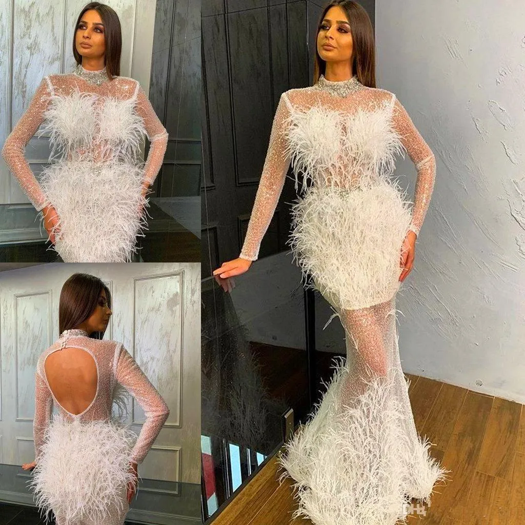 white evening dresses long sleeve feather high neck beaded luxury mermaid evening gowns 2021 vestido de longo