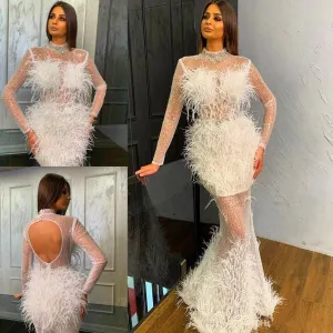 white evening dresses long sleeve feather high neck beaded luxury mermaid evening gowns 2021 vestido de longo