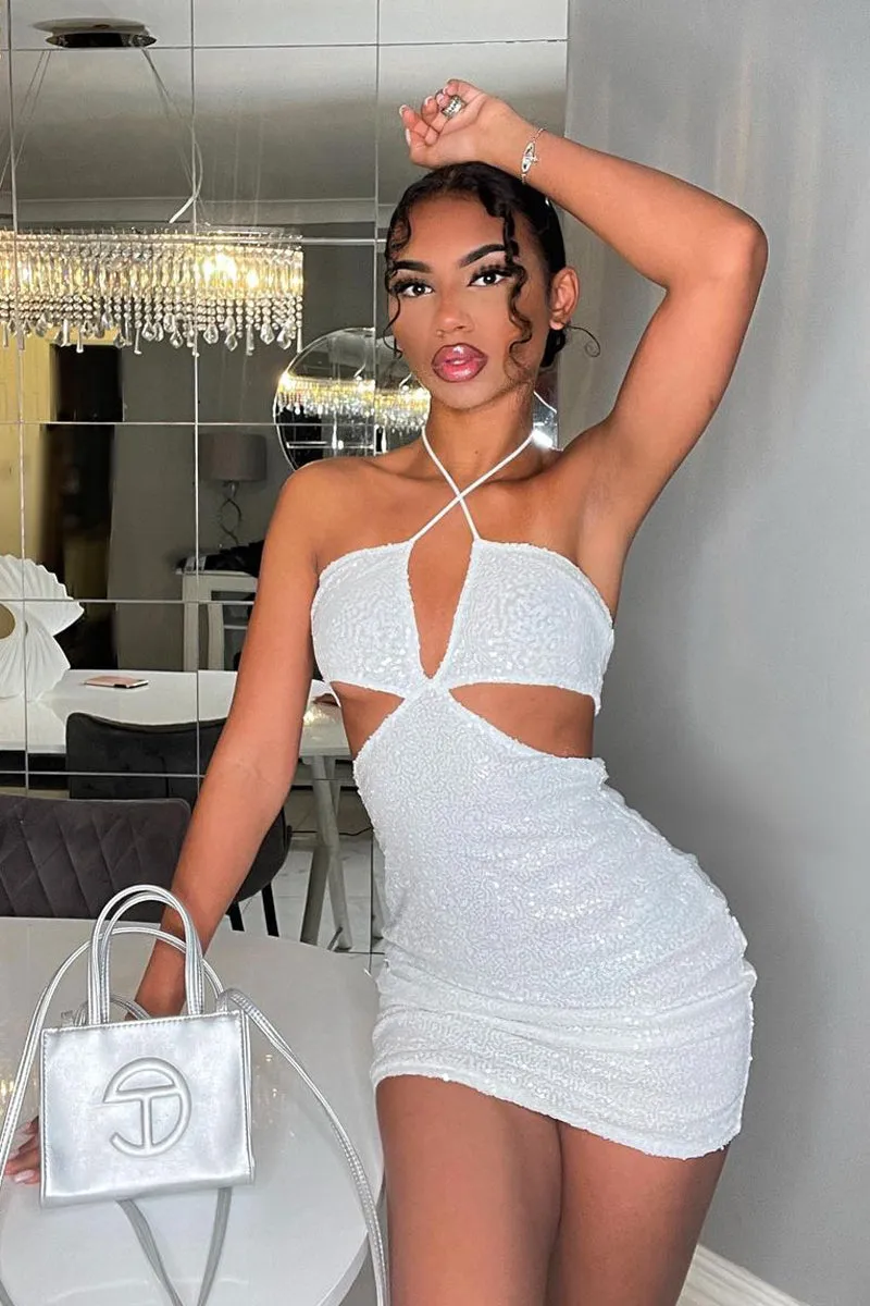 White Halter Neck Cut Out Sequin Mini Dress - Elisa