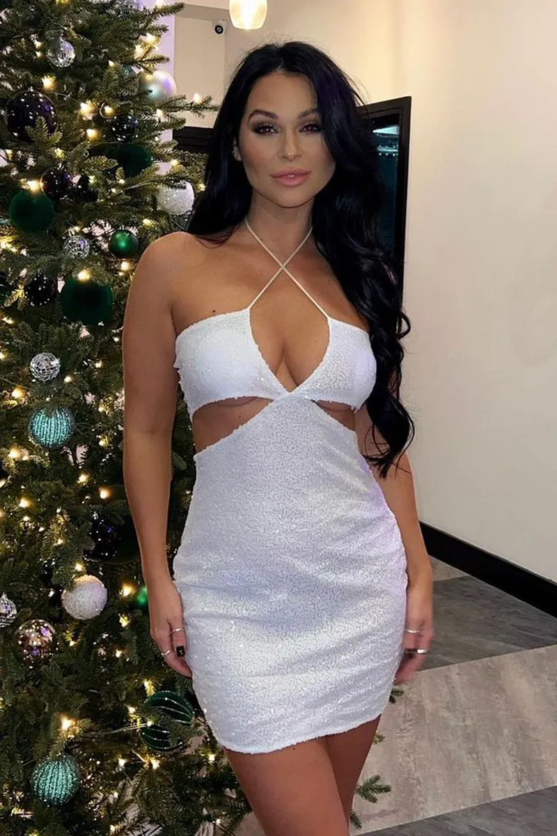 White Halter Neck Cut Out Sequin Mini Dress - Elisa