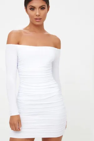 White Off shoulder Full Sleeves Mini Dress