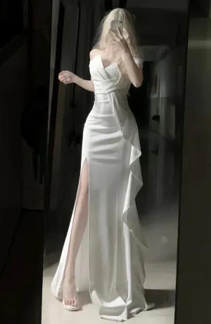 White Off Shoulder Long Prom Gown Evening Dress    fg7392