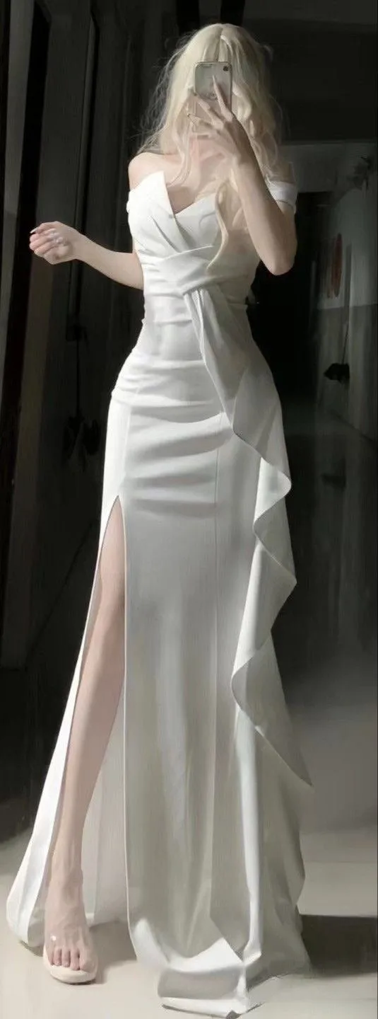 White Off Shoulder Long Prom Gown Evening Dress    fg7392