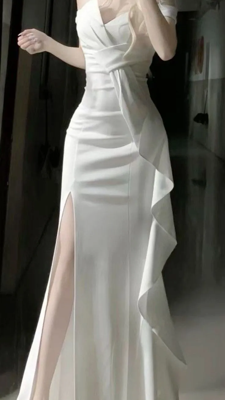 White Off Shoulder Long Prom Gown Evening Dress    fg7392