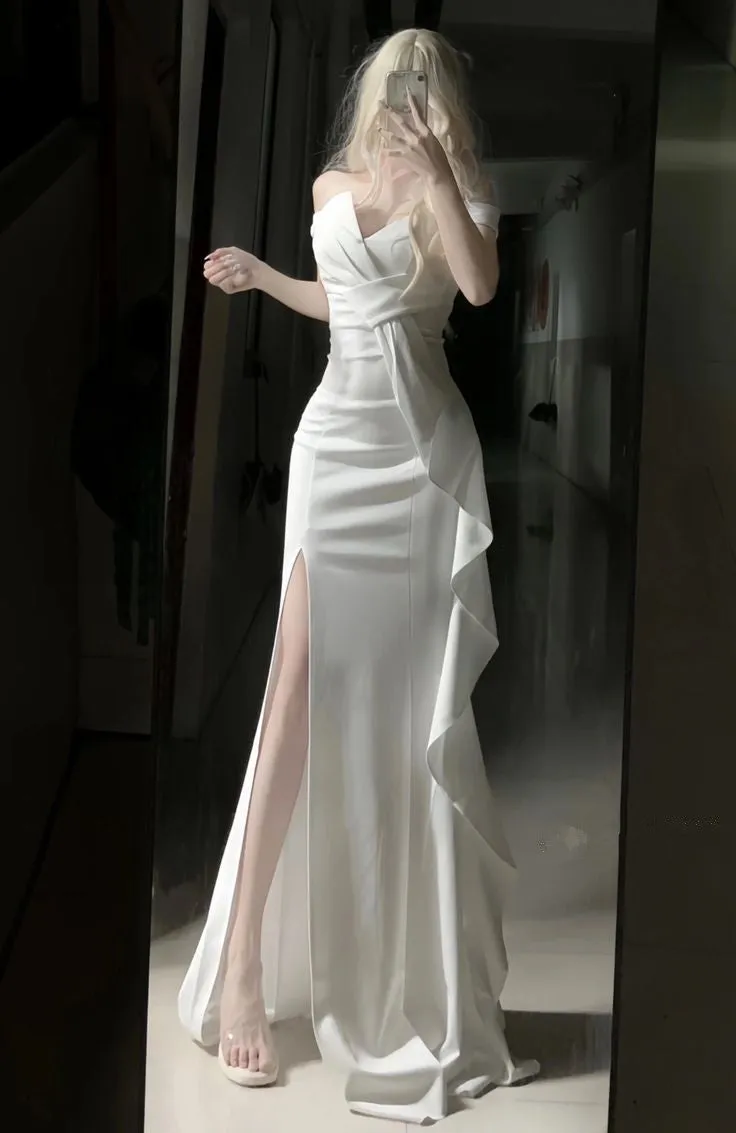 White Off Shoulder Long Prom Gown Evening Dress    fg7392