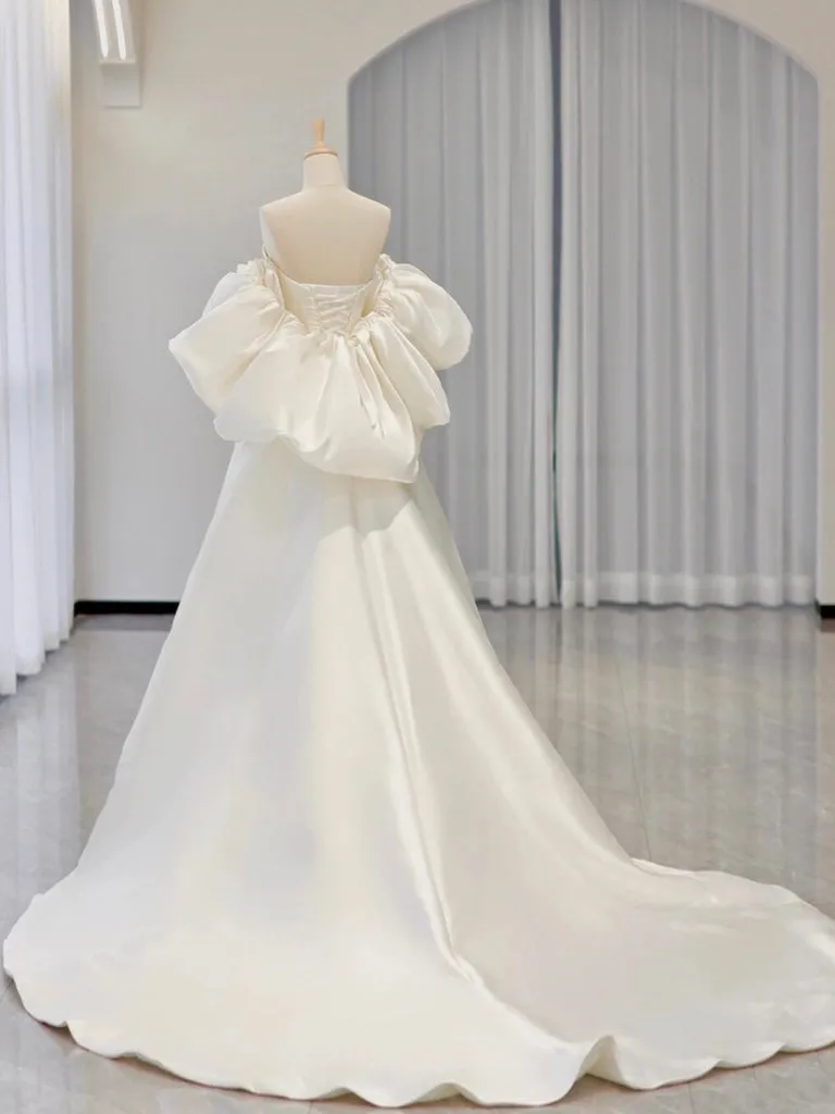 White Satin Long Prom Dress, White Long Formal Dress