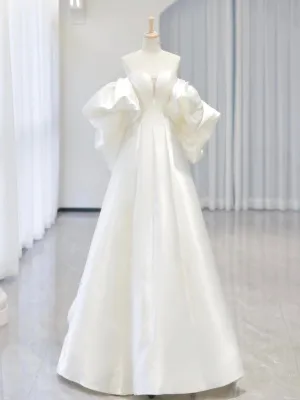 White Satin Long Prom Dress, White Long Formal Dress