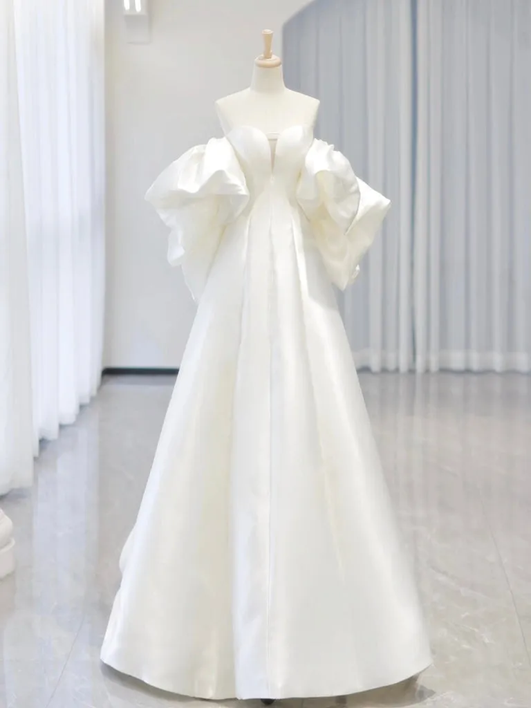 White Satin Long Prom Dress, White Long Formal Dress