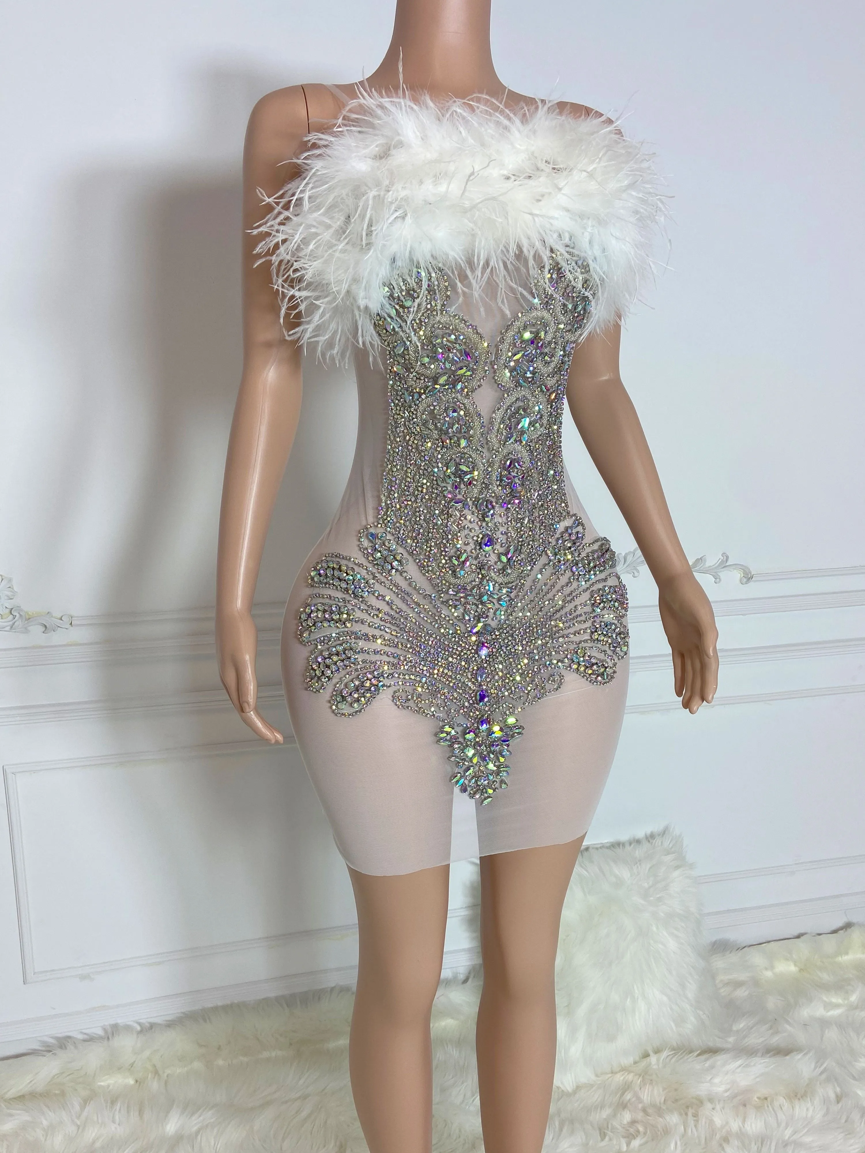White Sleeveless Ostrich Feather Colorful Stones Mini Dress