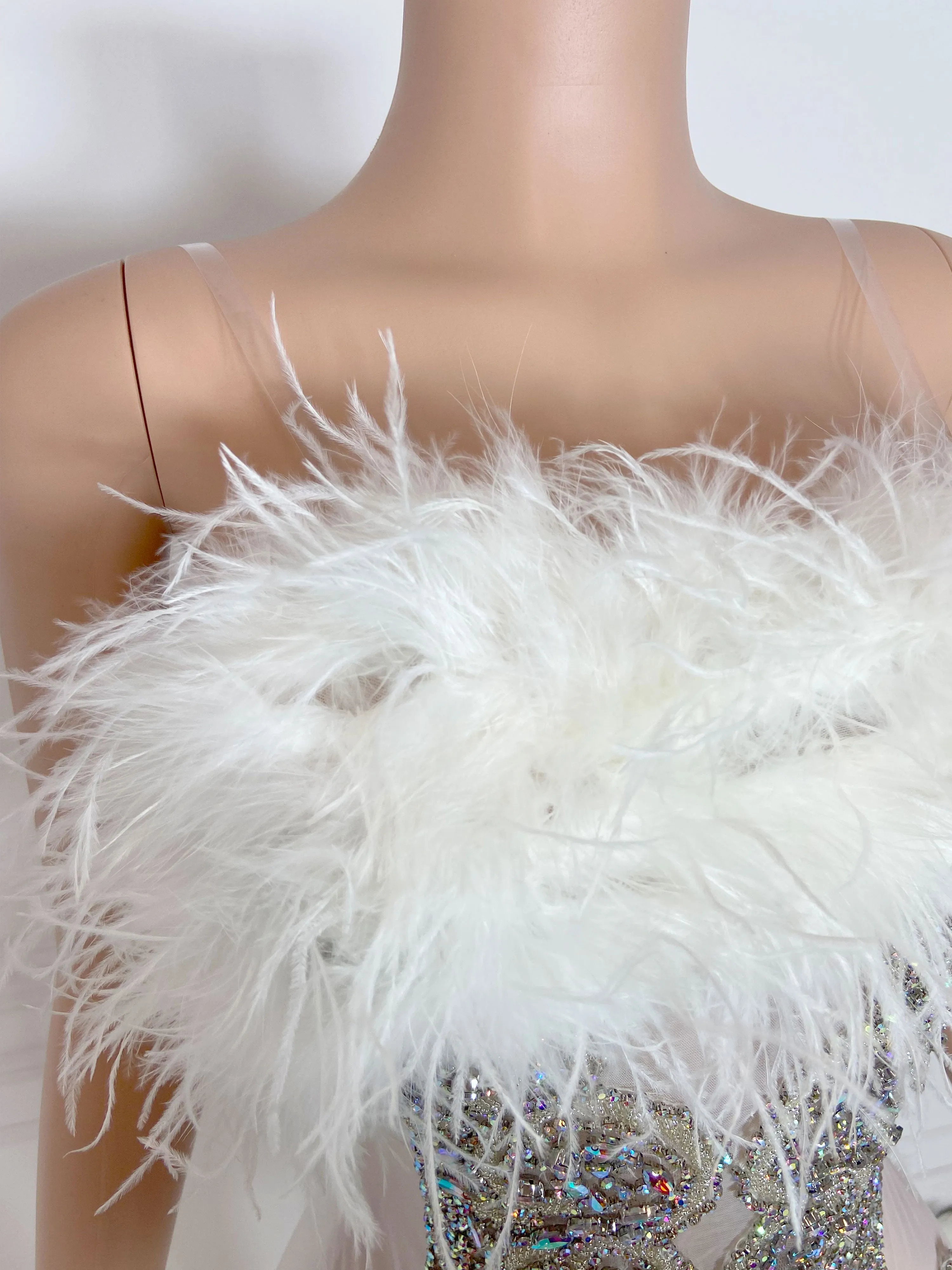 White Sleeveless Ostrich Feather Colorful Stones Mini Dress