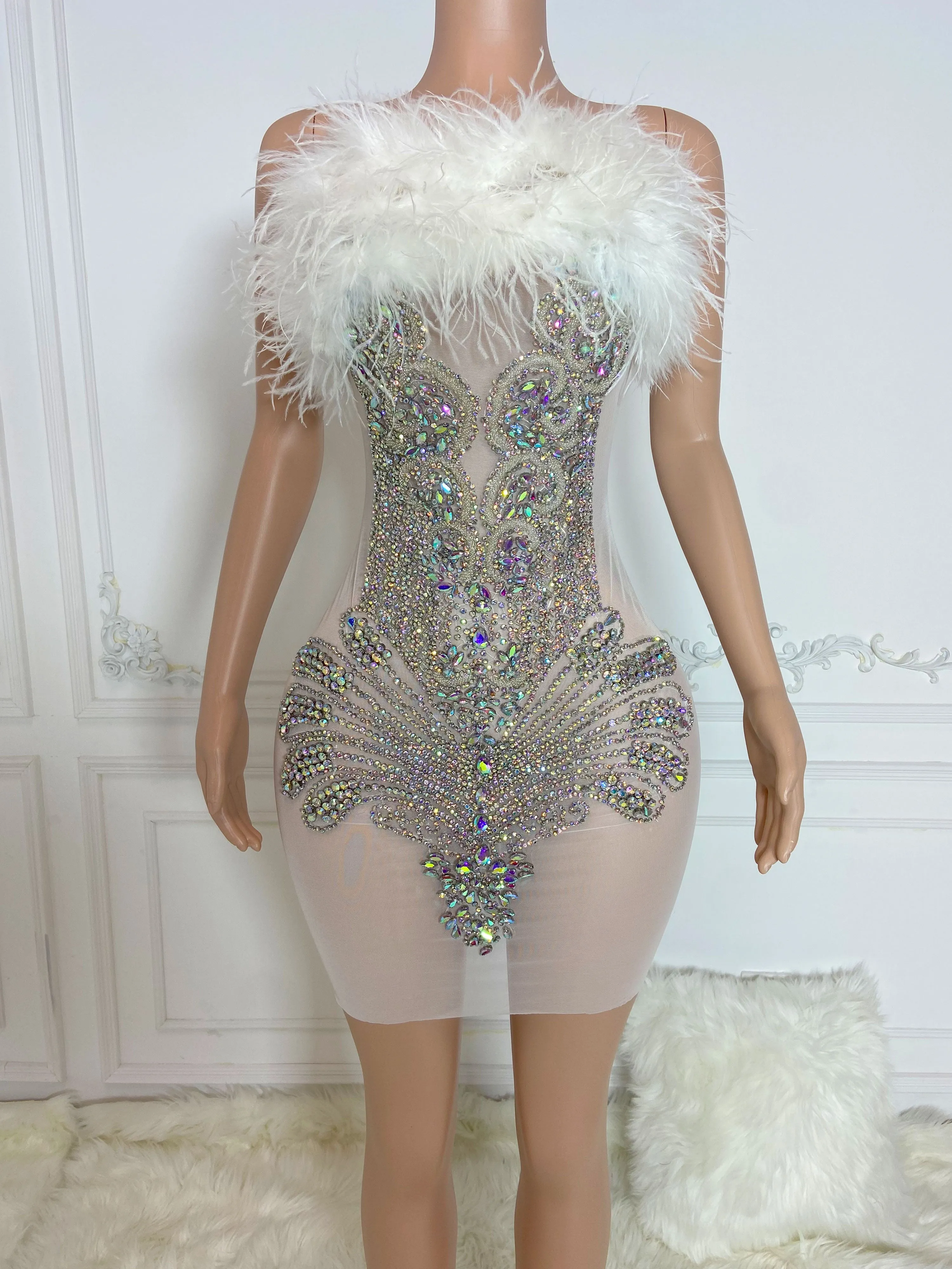 White Sleeveless Ostrich Feather Colorful Stones Mini Dress