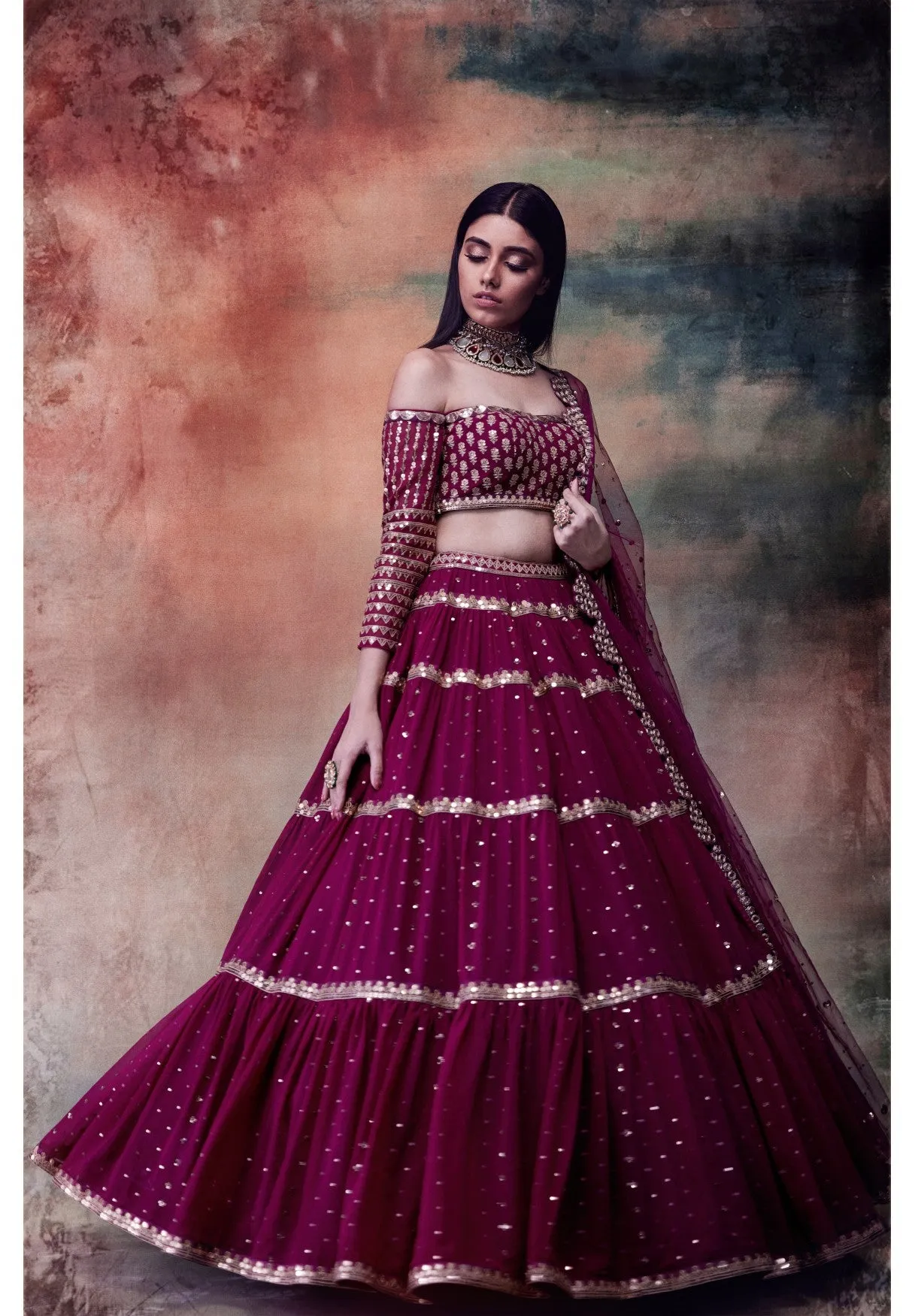 Wine Off Shoulder Tier Lehenga Set