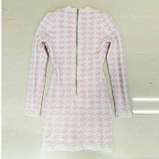 Women Long Sleeves Slim Fit Checkered Knitted Dress Mini Body-con Dresses