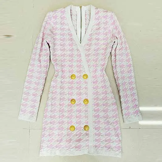 Women Long Sleeves Slim Fit Checkered Knitted Dress Mini Body-con Dresses