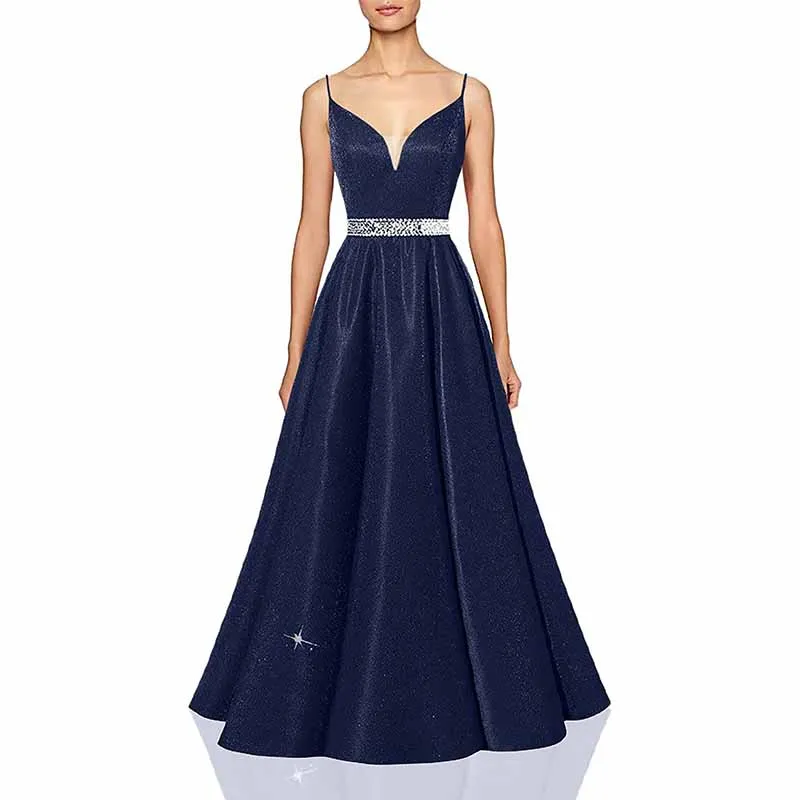 Women Prom Dress Long V-Neck Spaghetti Beaded Belt Formal Evening Ball Gowns