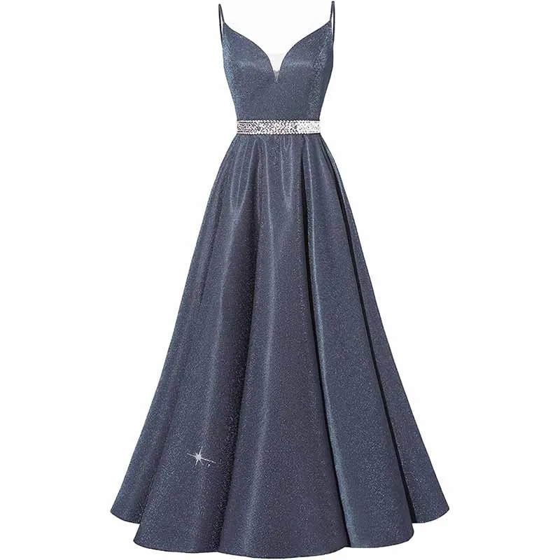 Women Prom Dress Long V-Neck Spaghetti Beaded Belt Formal Evening Ball Gowns
