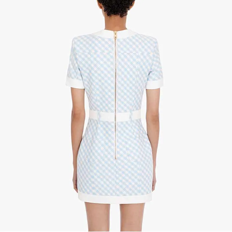 Women Short Sleeves Fitted checkered Mini Bodycon Dress