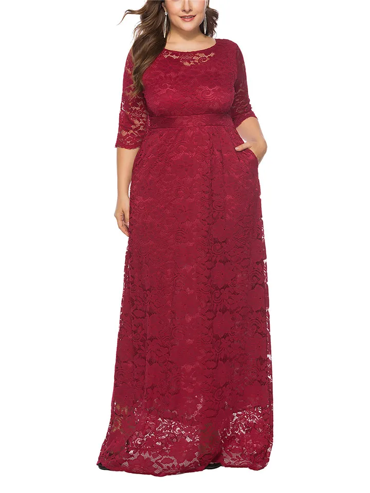 Women's Elegant Plus Size Floral Lace Maxi Pocket Dress for Evening Party