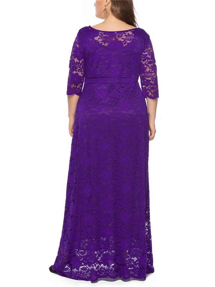 Women's Elegant Plus Size Floral Lace Maxi Pocket Dress for Evening Party
