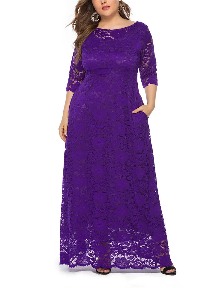 Women's Elegant Plus Size Floral Lace Maxi Pocket Dress for Evening Party