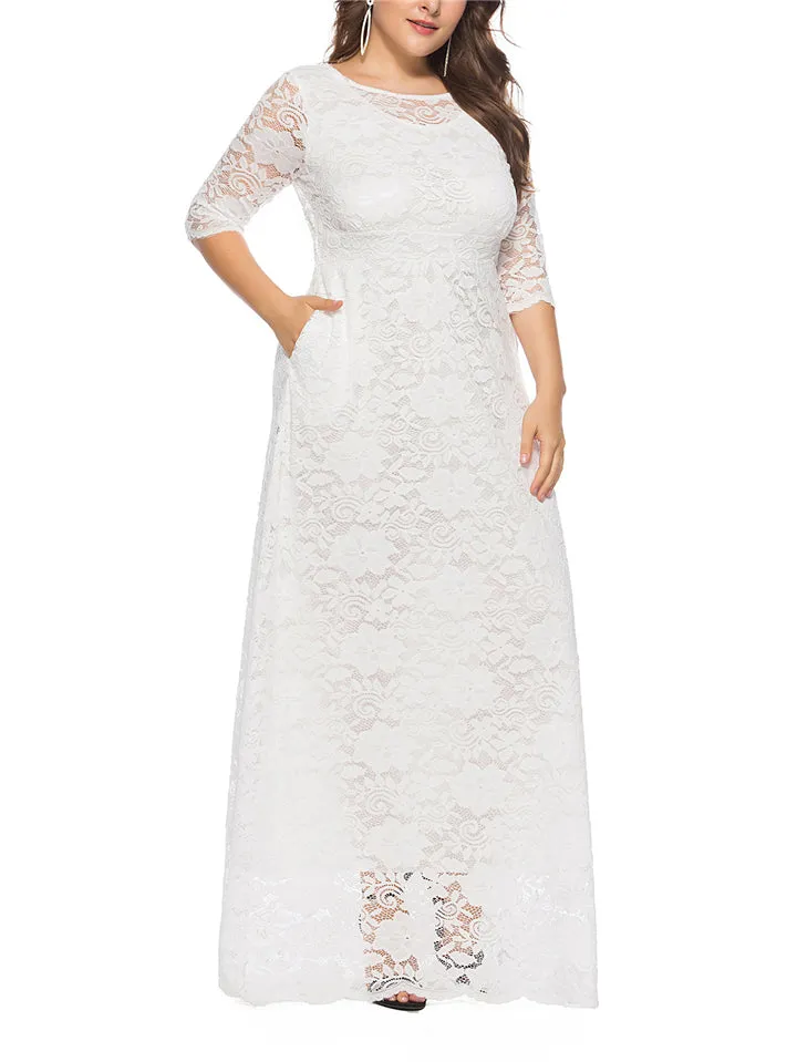 Women's Elegant Plus Size Floral Lace Maxi Pocket Dress for Evening Party