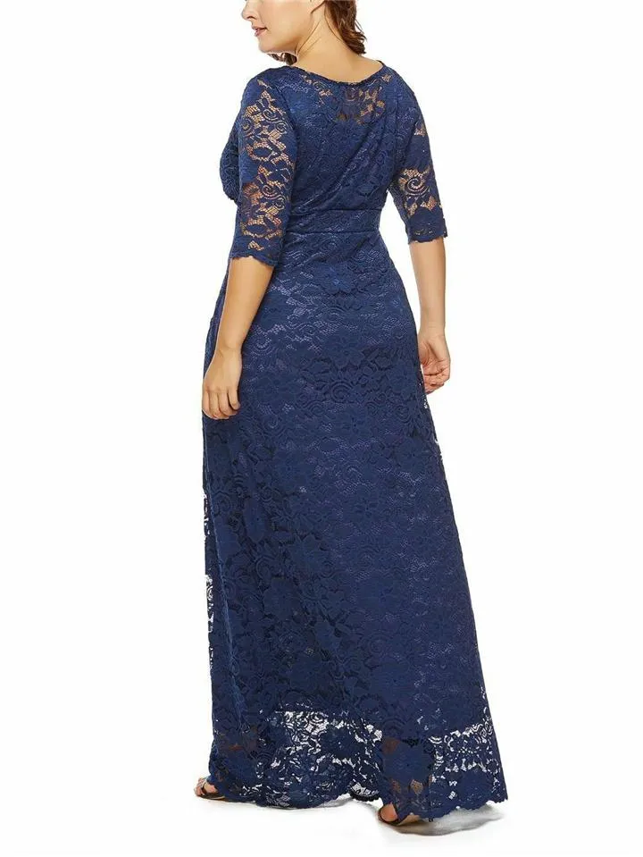 Women's Elegant Plus Size Floral Lace Maxi Pocket Dress for Evening Party