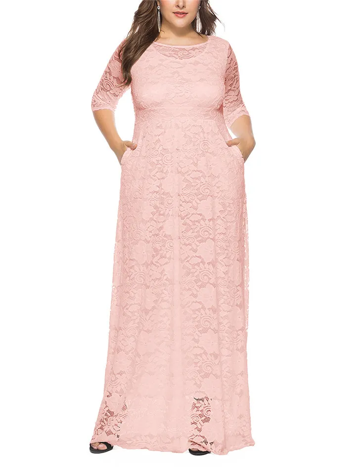 Women's Elegant Plus Size Floral Lace Maxi Pocket Dress for Evening Party