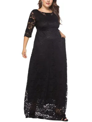 Women's Elegant Plus Size Floral Lace Maxi Pocket Dress for Evening Party