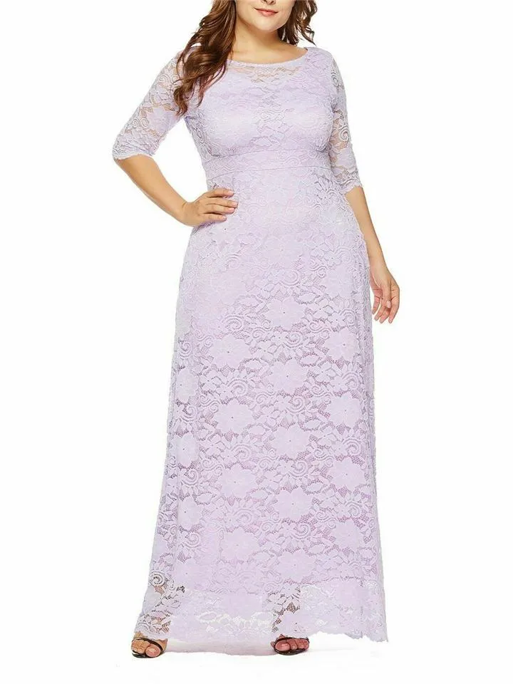 Women's Elegant Plus Size Floral Lace Maxi Pocket Dress for Evening Party