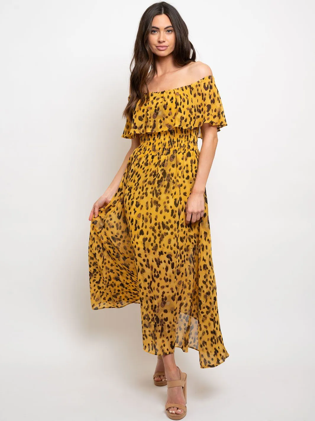 WOMEN'S FLOUNCE SMOCKED OFF THE SHOULDER MAXI DRESS