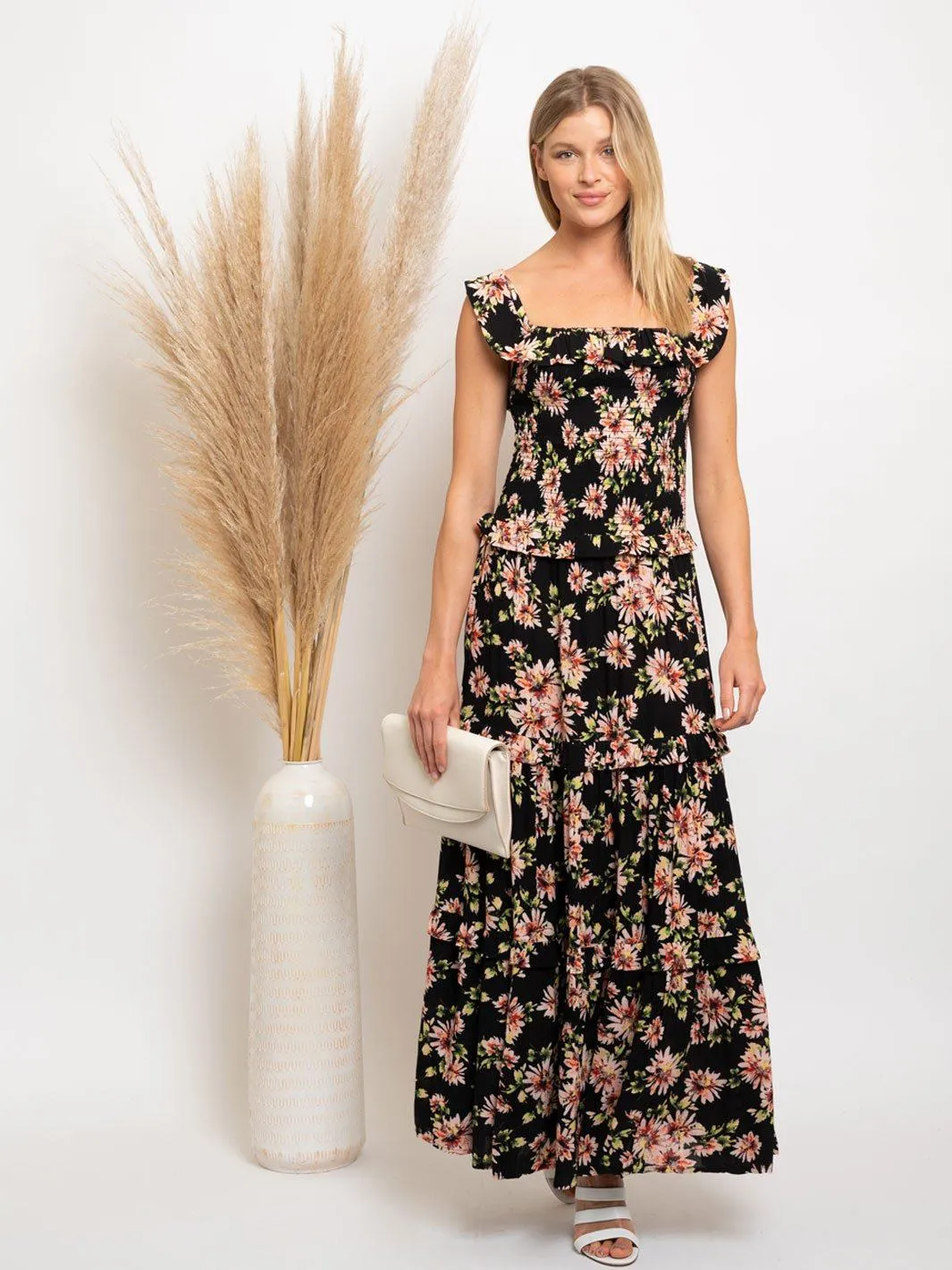 WOMEN'S FLOWER PRINT OFF SHOULDER SMOKED MAXI DRESS