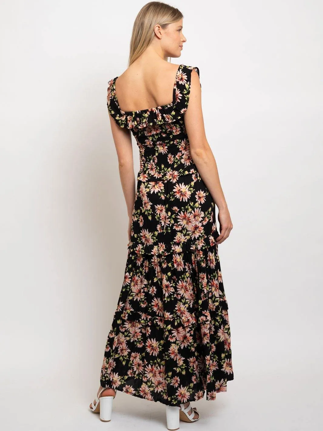 WOMEN'S FLOWER PRINT OFF SHOULDER SMOKED MAXI DRESS