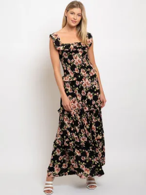 WOMEN'S FLOWER PRINT OFF SHOULDER SMOKED MAXI DRESS
